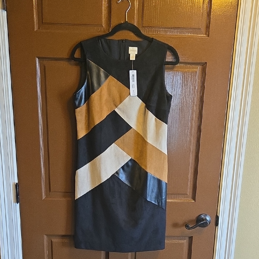 Chico's-Blk,tan, beige faux suede,faux leather patched dress Sz 0=S NWT. - Picture 1 of 10